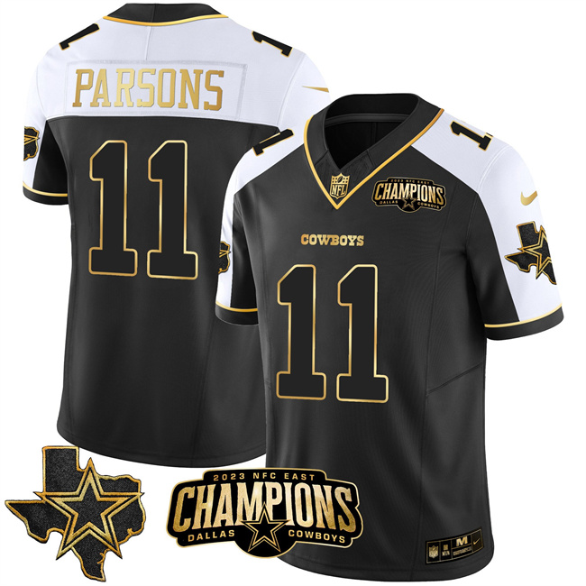 Men's Dallas Cowboys Active Player Custom Black/White/Gold 2023 F.U.S.E. NFC East Champions Patch Stitched Football Jersey Men's Dallas Cowboys Active Player Custom Black/White/Gold 2023 F.U.S.E. NFC East Champions Patch Stitched Football Jersey